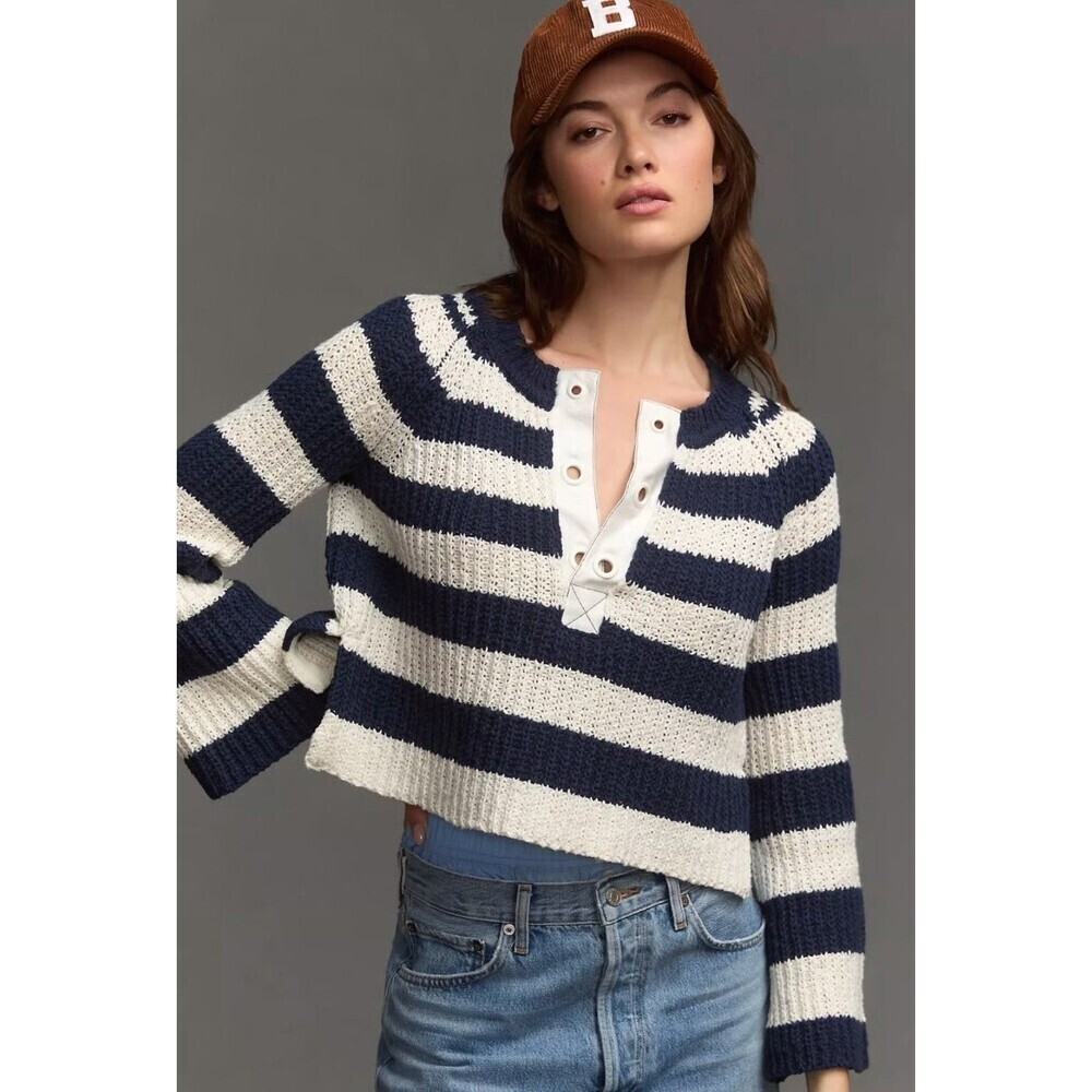 Anthropologie Pilcro Bell Sleeve Henley Striped Sweater